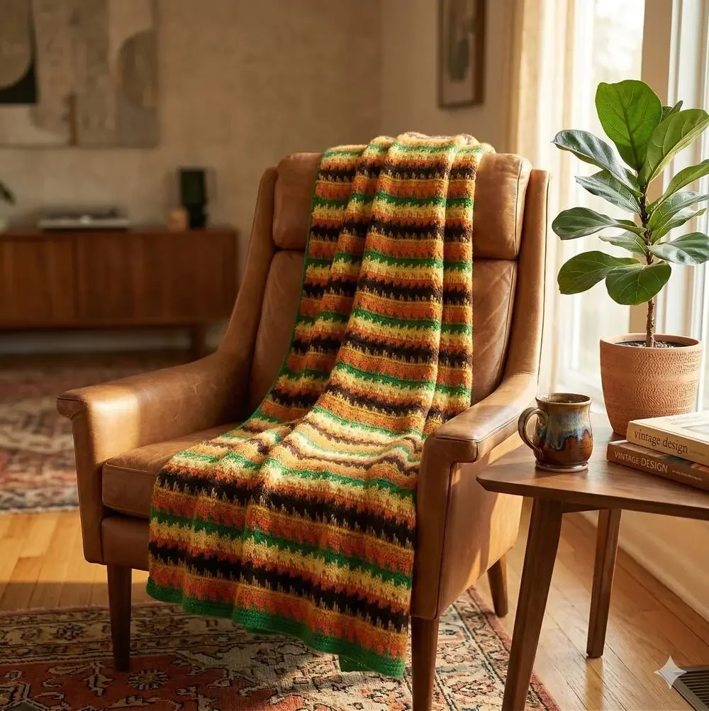 Handmade Wool throw 1970s FLAME Brown Yellow orange Green Gold CABIN 42